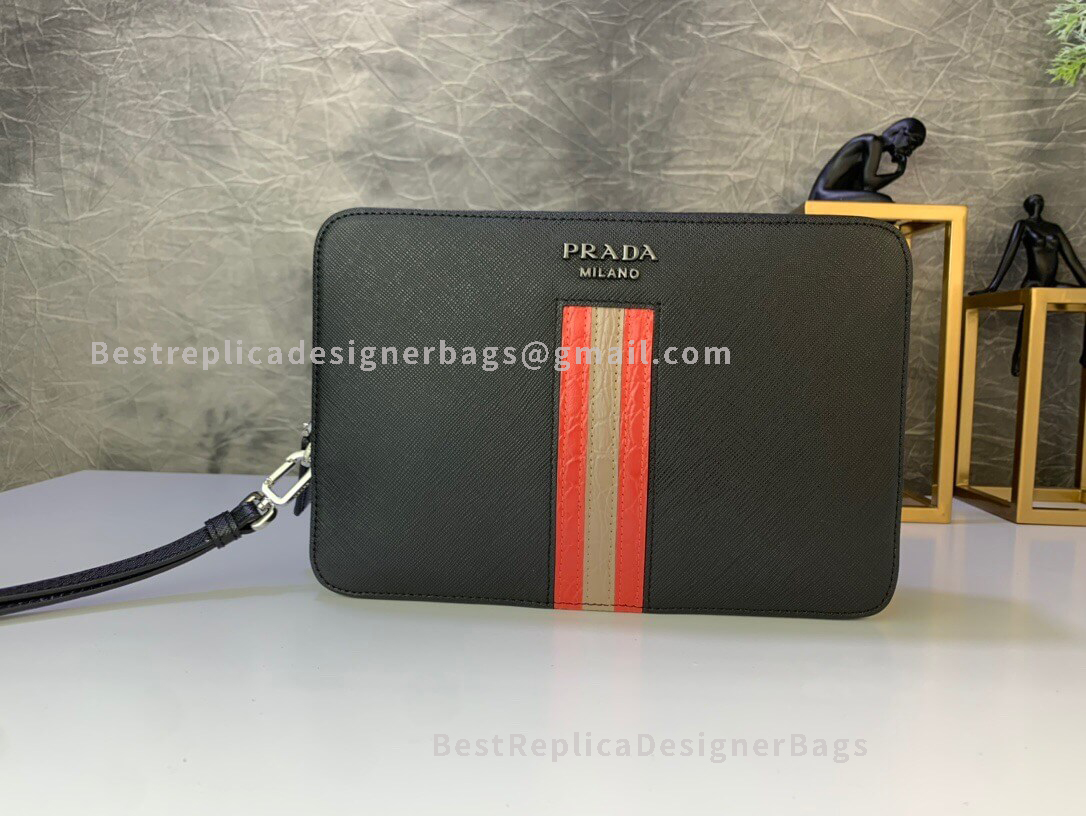Prada Black And Red Saffiano Leather Bandoleer Bag With Crocodile Effect SHW 2VF007